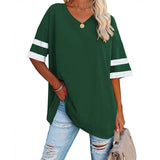 Loose Half-Sleeved V-Neck Contrast Color Waist T-Shirt