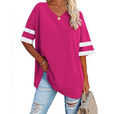 Loose Half-Sleeved V-Neck Contrast Color Waist T-Shirt