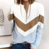 Youthful Zipper V-Neck Color Block Sweater