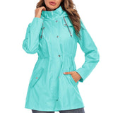 Hooded mid-length women's rainproof jacket