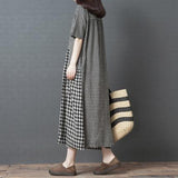 Cotton and Linen Loose Large Size Irregular Patchwork Plaid Dress