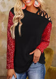 Hollow Out Sequined Splicing Long Sleeve Blouse