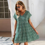 Ladies Vintage Sexy Print Short Summer Dress Women Casual V Neck Ruffles Beach Mini Chiffon Women Sundress