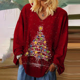 Multicolor Stars Decor Christmas Tree Print Red Long Sleeve Tee