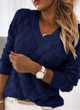 V Neck Solid Knitted Casual Sweater