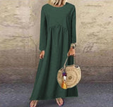 Long-sleeve casual loose cotton and linen dress