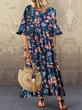 O-Neck Floral Print Loose Maxi Dress