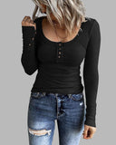 Solid Ribbed Button Front Scoop Neck Blouse