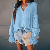 Lace Hollow Blouse Shirt Buttons V-Neck