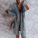 Hooded Cardigan Solid Color Long Sleeve Braid Knit Sweater Coat