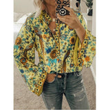 Print Blouses Casual Loose Stand V Neck Long Sleeves