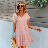 Ladies Vintage Sexy Print Short Summer Dress Women Casual V Neck Ruffles Beach Mini Chiffon Women Sundress