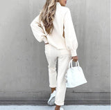 Solid Color Pocket Casual Long Sleeve Lounge Set