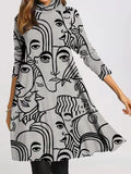 Printed Pile Neck Long Sleeve Loose Dress