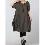 Plus size summer new round neck cotton and linen washed lantern dress