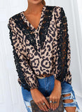 Fashion leopard print lace stitching long-sleeved top