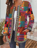 new retro cotton linen printed loose Long Sleeve Jacket