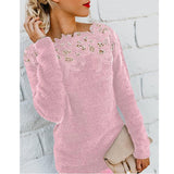 Elegant Plus Size Solid Color Long Sleeve O-Neck Floral Lace Pullover Casual Sweater