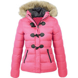 Women Parkas Casual Fur Collar Horn Buckle Cotton Solid Jacket