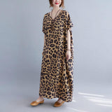 Cotton Large size V-neck leopard print short-sleeved long dress