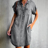 Pockets Single-breasted Irregular Hem Knee-length Denim Dress