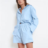 Pure cotton loose long-sleeved shirt-solid color shorts Set