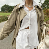 Pure cotton loose long-sleeved shirt-solid color shorts Set