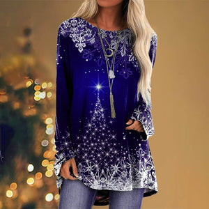 Christmas long sleeve round neck plus size print top