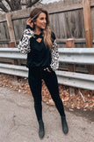 Cross V-neck leopard print hit color casual long-sleeved T-shirt