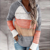 Autumn Women Patchwork Hooded Long Sleeve V-neck Knitted Sweater