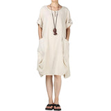 Plus size summer new round neck cotton and linen washed lantern dress