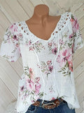 Plus Size Flower Crochet V Neck Short  Bandage Blouse Top