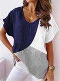 Colorblock Cotton And Linen V-neck Short-sleeved T-shirt