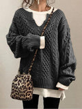 Solid Color Striped Long Sleeves Knitted Casual Sweater for Women