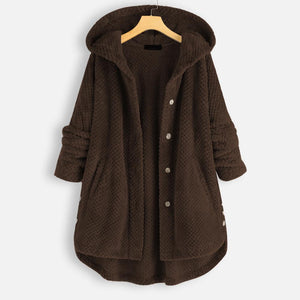Plus Size Fleece Irregular Button Pocket Hooded Coat
