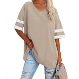 Loose Half-Sleeved V-Neck Contrast Color Waist T-Shirt