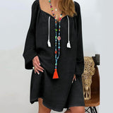 Solid Color Linen Drawstring V Neck Dress