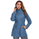 Hooded mid-length women's rainproof jacket