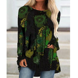 Casual Long Sleeve O-neck Vintage Ethnic Print Patchwork Oversize Loose Tshirt Top