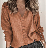 Lace loose long sleeve solid color V-neck sweater