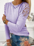 Pure Color Slim Lace Hollow Long Sleeve T-Shirt