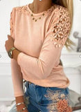 Pure Color Slim Lace Hollow Long Sleeve T-Shirt