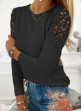 Pure Color Slim Lace Hollow Long Sleeve T-Shirt