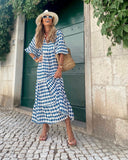 3/4 Sleeve Printed Bohemian Blue Casual Dress