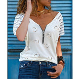 Women's Printed V Neck Zipper Casual Loose Short Sleeve Top Summer Fashion Sexy Plus Size