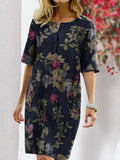 Floral ground round neck half-sleeve retro dress