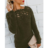 Elegant Plus Size Solid Color Long Sleeve O-Neck Floral Lace Pullover Casual Sweater