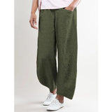 Women Elastic Waist Pockets Cotton Solid Linen Pants