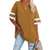 Loose Half-Sleeved V-Neck Contrast Color Waist T-Shirt