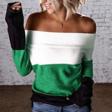 Colorblock Ribbed Knit Off Shoulder Sweater